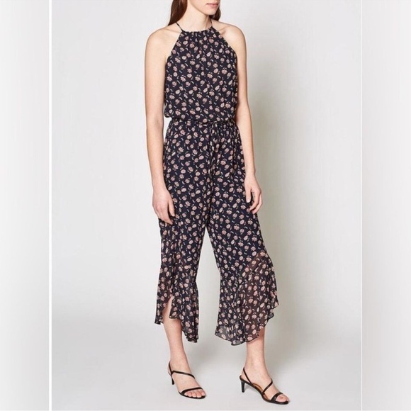 NWT Joie Jael 100% Silk Jumpsuit XXS Midnight Floral Ruffles Halter Flounce - Picture 4 of 9